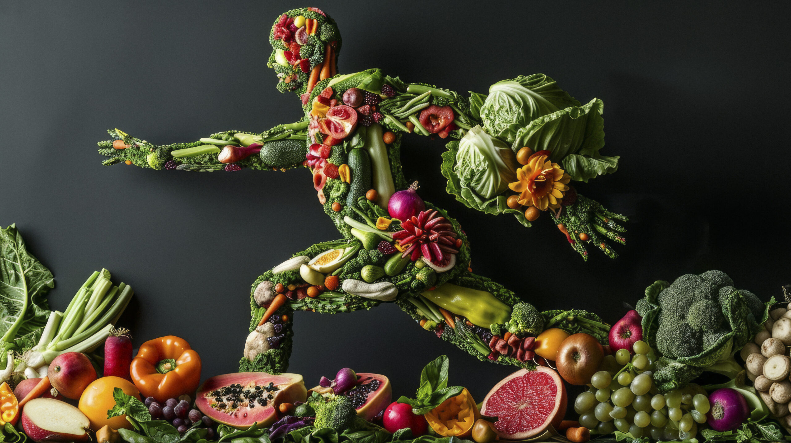 person in body covered with vegetables running on dark background, in the style of highly detailed figures, elaborate fruit arrangements, photo, ron english, molecular, jump cuts, grit and grain --ar 16:9 --style raw --v 6 Job ID: 8d2c97e8-43a4-45bc-b43f-a1cc33d93775